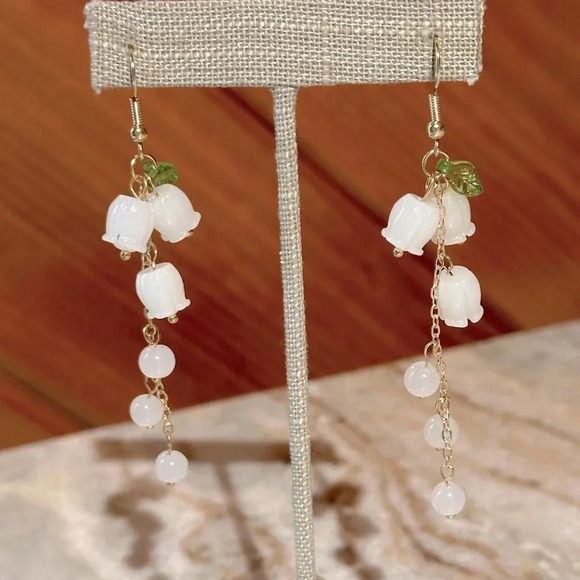 Extra Long Lily of the Valley Feminine Earrings White Acrylic French Wire Hooks - Picture 3 of 4